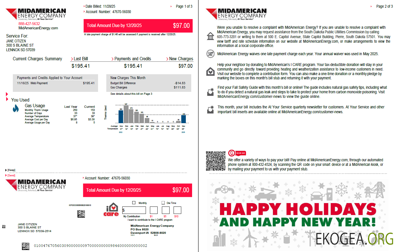 USA MidAmerican Energy Company utility bill template in Word and PDF formats, 3 pages, 1 2 pages